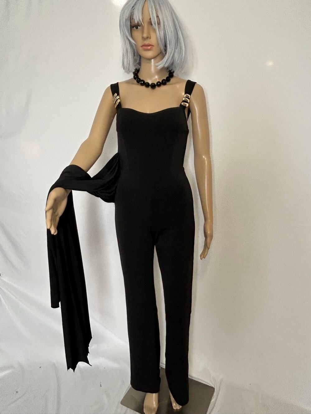 Women’s Black Gold Hardware Jumpsuit small Draped Sash Flare Leg Formal